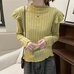Women's Blouses Women Fall Winter Top Half-high Collar Long Sleeve Thick Knitted Shirring Ruffle Elastic Lady Slim Fit Pullover Sweater