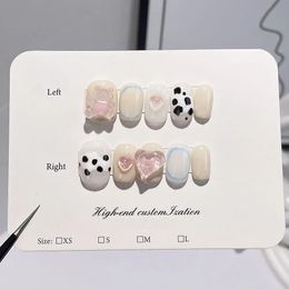 MAGO Handmade Press on Full Cover Professional Nails Love bear cow pattern white short reusable finished fake nails 240104