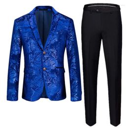 Men's Suits Luxury Men Business Social Banquet Golden Velvet Suit 2 Piece Fashion Print Set Wedding Party Groom Tuxedo Dress Blazers Pants