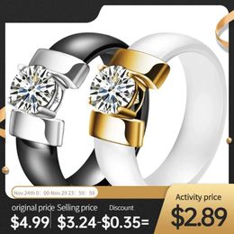 Boxes 6mm White Black Ceramic Rings Plus Cubic Zirconia for Women Gold Colour Stainless Steel Women Wedding Ring Engagement Jewellery