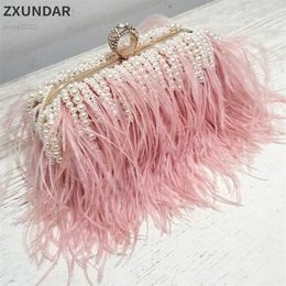 Luxury Ostrich Feather Pink Party Evening Bag Pearl Tassel Women Purses And Handbags Wedding Designer Clutch Shoulder Chain Bags314B