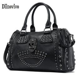 Diinovivo Luxury Skull Handbags Designer Women's Bag Tote 2023 Rivet Large Boston Pu Leather Shoulder Crossbody WHDV2215 240104