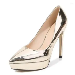 Dress Shoes Woman Mirror Metal Patent Leather Pointed Toe Platform Pumps 12 CM Stiletto High Heels Stage Sexy Shiny Party