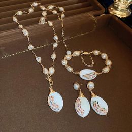 Necklace Earrings Set Luxury Zircon Freshwater Pearl Pendant Earring Bracelet For Women Retro Versatile Jewelry