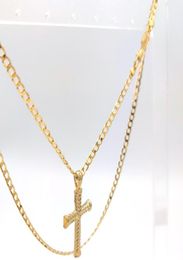 24 K REAL GOLD FILLED CROSS PENDANT NECKLACE Curb LENGTH CHAIN 60 CM3786855