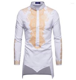 Men039s Dress Shirts Men African Shirt Long Sleeve Luxury Gold Floral Print Stand Collar For Ethnic Style White Dashiki Male Pu3294942