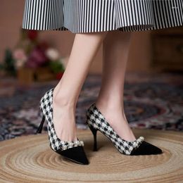 Dress Shoes Size 30-44 Women Pumps 2024 Pointed Stiletto Heel Stitching Black Pearls High Heels