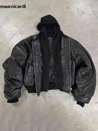 Mauroicardi Autumn Winter Oversized Cool Black Thickened Warm Pu Leather Bomber Jacket Men Hood Luxury Designer Fake 2 Clothes 240103