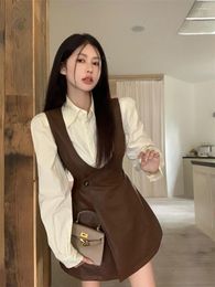 Work Dresses Sweet Girl Suit Women's Autumn Bubble Sleeve Turn-down Collar Shirt PU Leather Strap Dress Two-piece Set Fashion Female Clothes