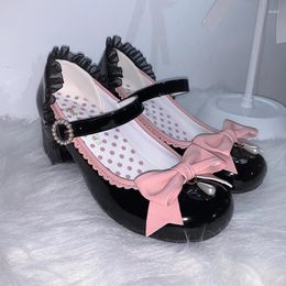 Dress Shoes Loli Girl Mary Jane Round Head Pu Leather Japanese Soft Lolitas Middle Heel 5cm Student Anime Bowknot Kawaii Goth Shoe