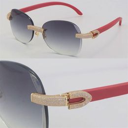 New Micro-paved Diamond Set Rimless Red Wooden Womans Sunglasses Wood Rocks Frame Male and Female Sun Glasses Mens 18K Gold C Deco311K