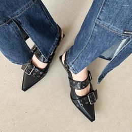 Dress Shoes Fashion Shopping Walk Double-Buckle Sandals Summer French Retro High-heeled Lady 2024 Women Thick Heel Pointed Toe