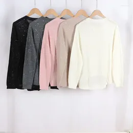 Women's Sweaters Sequin Decoration Thin Sweater Solid Color O-neck Wool Blends Knitted Top 2024 Early Autumn Female Long Sleeve Jumper