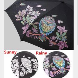 Umbrellas Cute Owl Three Folding UVProtection Rain Travel Umbrellas Magic Changing Colour After Water Pocket Umbrella Gift for Lovers 201130