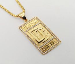 Hip Hop rock stainless steel rhinestones Dream Chaser pendant necklace mens fashion Gold color DC necklace jewelry Y12203366480