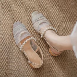 Sandals Summer Fashion Casual French Style Mid Heel 3cm Gentle Pearl Mesh Fairy Princess Women Mori Girl
