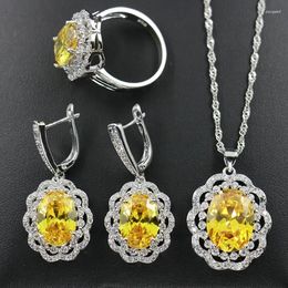 Necklace Earrings Set 2024 Natural Lemon Gemstone Women's Luxury Jewellery With Cubic Zirconia Rings