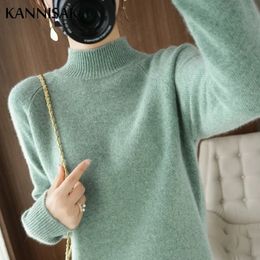 2023 Autumn Winter Thick Warm Sweater Women Half High Collar Cashmere Korean Solid Green Casual Basic Pullover Knitwear 240104