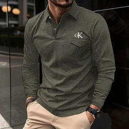 Selling Men's Casual Solid Long Sleeve Polo Shirt Autumn Collar Button Pocket Tshirt Top Golf Street Wear s 240104