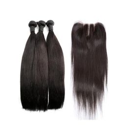 Wefts human hair wefts with lace closure 3 part brazilian hair silky straight natural Colour 834 inch