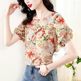 Women's Blouses 2024 Chiffon Shirt Short Sleeve Print Top Round Neck Elegant Fashionable Female Tops Pullover Womenswear T240