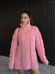 Women's Sweaters Women Fashion Pink Cable Knit Jumper Sweater Warm Casual Simple Turtleneck Long Sleeve Jumpers Fall Winter Office Lady