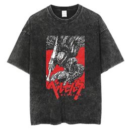 Berserk Print T Shirt Men Vintage Washed T-Shirt Anime Guts Graphic Tshirt Hiphop Streetwear Tees Summer Casual Cotton Tee Plus 240103