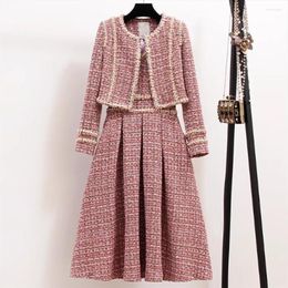 Casual Dresses Fashion Elegant Bright Tweed Spliced Knitted Long Dress Women Pearl Sleeves Jacket Coat Suit Set Two Piecs