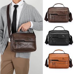 Leather Briefcase Hand Bag For Men Cross Messenger Office Business Tote Ipad Square Card Wallets Crossbody Shoulder Side 240104