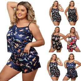 Women's Sleepwear Sexy Print Pyjamas Set 2 Pieces Pyjamas Silk Flowers Round Neck Top And Shorts Sleep Wear Summer Nightwear