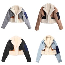 Cowboy splicing lamb's wool short section trend padded cotton style lapel long-sleeved fringe casual jacket coats designer women