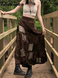 Dresses Rapcopter y2k Cute Party Long Skirts Printed Boho Grunge Fairyore Retro Skirts Kawaii Holiday Brown Pleated Skirts Women Elegant