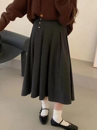 Skirts HOUZHOU Winter Pleated Long Skirt Women Korea Dongdaemun 2024 Woolen High Waist Loose A-line Midi School Casual