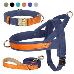 Custom Dog Collar Harness Leash Set Nylon Leather Dogs No Pull Pet Vest With Lead Rope For Small Large Pug 240103