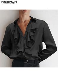 Handsome Well Fitting Men Tops Solid Comfortable Blouse Casual Male Loose Ruffled Long-sleeved Shirt S-5XL INCERUN 240104