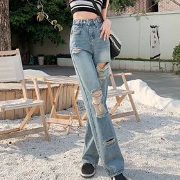 Women's Jeans Streetwear Straight Pants Ladies Ripped High Waist Loose Wide Leg Y2K Summer Autumn Street