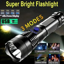 1pc Powerful LED Flashlight, 3 Modes USB Rechargeable Outdoor Bright Tactical Torch Portable Waterproof Light, Self Defense Camping Light