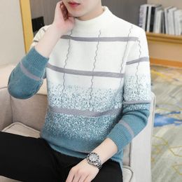 Winter Plaid Mink Cashmere Sweater Men Half Turtleneck Mens Sweaters Top Quality Pull Homme Thick Warm Pullover 240104