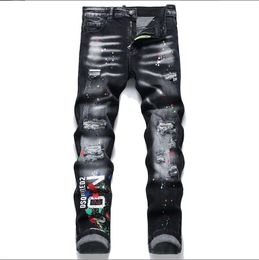 2023 Street fashion men's printed hand-worn denim pants tight mid-waist pants painted holes Wild zipper decorated personality new jeans men