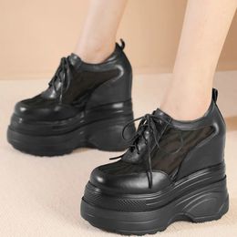 Vulcanised Shoes Women Cow Leather Wedges High Heel Platform Pumps Female Hollow Lace Round Toe Fashion Sneakers Casual Shoes 240103