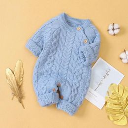 Rompers 2021 New Baby Boys Solid Clothes Children Girls Front Buckle Knitted Jumpsuit Wool Ball Cap Newborn Cotton Romper For 03 Age 2103