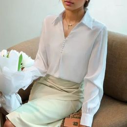Women's Blouses Fashion Casual White Office Women Beading Turn Down Collar Shirt Woman Long Sleeve Satin Simple Ladies Tops Blusas 29873