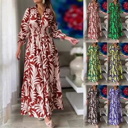 Casual Dresses Women V Neck Long Sleeve Printed Dress Waist Pullover Boho