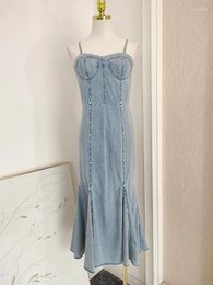 Casual Dresses Temperament Denim Maxi Strap Dress For Women 2024 Summer Cowboy Beaded Sling Waist-Slimming Belt Ruffled Fishtail