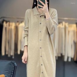 Casual Dresses Autumn And Winter Mid-Length Dress Pure Wool Knit Cardigan Knee-Length Long Skirt Women POLO Neck Loose Sweater Coat