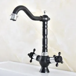 Bathroom Sink Faucets Black & Chrome Brass Double Handle Kitchen Faucet And Cold Water Tap 360 Degree Rotating Nnf492