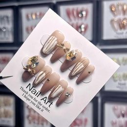 fake nails art false nail with stickers brown nails with different diamond suit winter wearable easy to remove reusable 240104