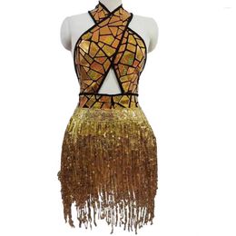 Stage Wear Novely Magic Mirror Women Performance Dress Sparkling Sequined Hollow Tassel Nightclub DJ Singer Show Costumes