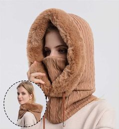 Winter Cap With Mask Set Hooded for Women Warm Knitted Cashmere Outdoor Ski Windproof Hat Thick Plush y Beanies Breathable 2201243115364
