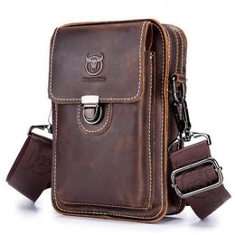 BULLCAPTAIN Crazy Horse Leather Male Waist Pack Phone Pouch Bags Bag Men's Small Chest Shoulder Belt Back 240104